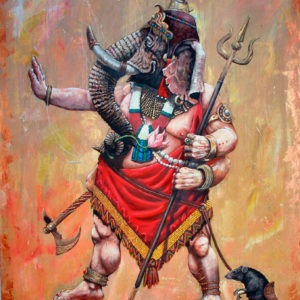 Ein großer Elefant als hinduistischer Gott Ganescha im roten Tuch umgewickelt. In zwei linken Händen hält er einen Dreizack. Am linken Fuß sitzt eine schwarze Ratte gesattelt.