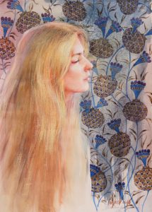 Abbildung einer Frau mit geschlossenen Augen. Aquarell, Pastelle auf Papier.