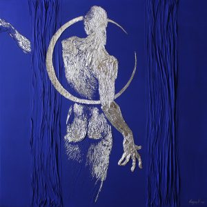Abbildung eines Mannes auf dem kobaltblauen Hintergrund mit einem Mondumriss. Acryl, Blattsilber.