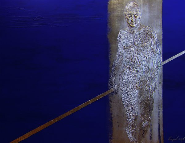 Abbildung eines Mannes auf dem kobaltblauen Hintergrund. Acryl, Blattgold.