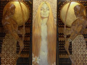 Weiße Lilien. Gestalt einer schlafenden Frau mit zwei Wächter recht und links. Öl auf Leinwand, Blattgold, Ölpastelle.