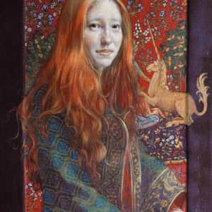 Porträt einer jungen rothaarigen Frau mit einem Fabeleinhorn in einem mittelaltrigen Kleid auf einer Holztafel.