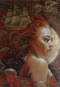 Abbildung einer rothaarigen Frau mit Segelschiff im Haar. Tonpapier, Stifte, Pastelle, Blattgold.