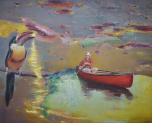 Toucan and man in canoe.Technique oil on canvas 61x50 cms.
